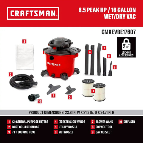 CRAFTSMAN CMXEVBE17607 16 Gallon 6.5 Peak HP Wet Dry Vac with Detachable Leaf Blower, Portable Shop Vacuum Wet and Dry with 2 Filters, Dust Bag, Hose and Attachments for Garage, Outdoor Cleaning