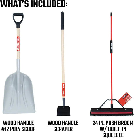 Craftsman 3-Piece Winter Clean Up Set with Scoop, Scraper & Squeegee Push Broom for Moving Snow & Slush, Scraping Ice Outdoors