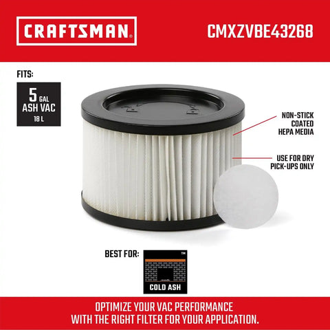 CRAFTSMAN CMXZVBE43268 Genuine HEPA Media Ash Vacuum Filter | Includes Prefilter for CRAFTSMAN CMXEVBE17585 5 Gallon Ash Vacuum, Dry Only, Traps Cool Ash and Fine Dust