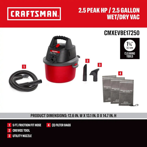 CRAFTSMAN CMXEVBE17250 2.5 Gallon 2.5 Peak HP Wet Dry Shop Vacuum Bundle | Portable Wet and Dry Vac with 4 Filter Bags, Retaining Band, Hose and Attachments for Cleaning in the Home