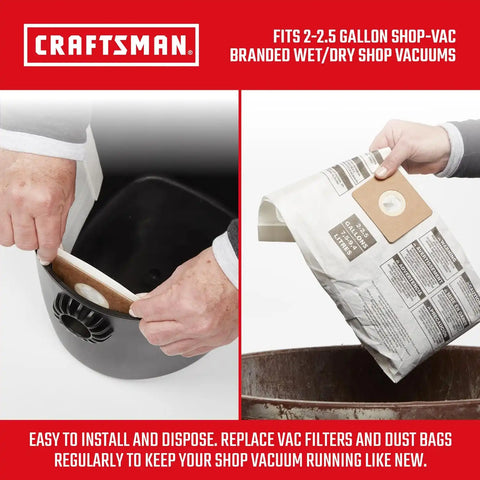 CRAFTSMAN CMXZVBE38774 2-2.5 Gal. Wet Dry Shop Vacuum Dust Collection Bags | For General Debris, Fits Most 2 to 2.5 Gallon Shop Vacuums, Collects Dry Only Debris, Reduces Cleanup Time, 3-Pack