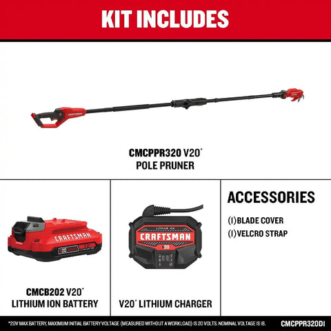 CRAFTSMAN V20 8 FT Cordless Pole Saw, 2 Ah Battery and Charger Included, Tree Pruner, Pivoting Head, Rust Resistant Alloy Steel Blades (CMCPPR320D1)