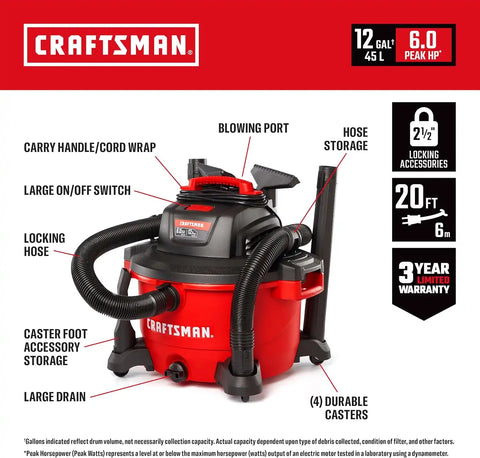 CRAFTSMAN CMXEVBE17594 12 Gallon 6.0 Peak HP Wet Dry Shop Vacuum | General Purpose Wet and Dry Vac with Filter, Dust Bag, Hose and Attachments for Home Projects & Renovations