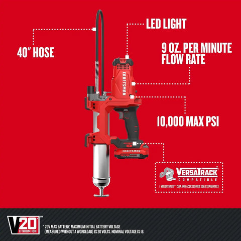 CRAFTSMAN V20 Grease Gun Kit, Electric Grease Gun Cordless, 40" Hose, 10,000 Max PSI, LED Light, Battery and Charger Included (CMCGG001D1)