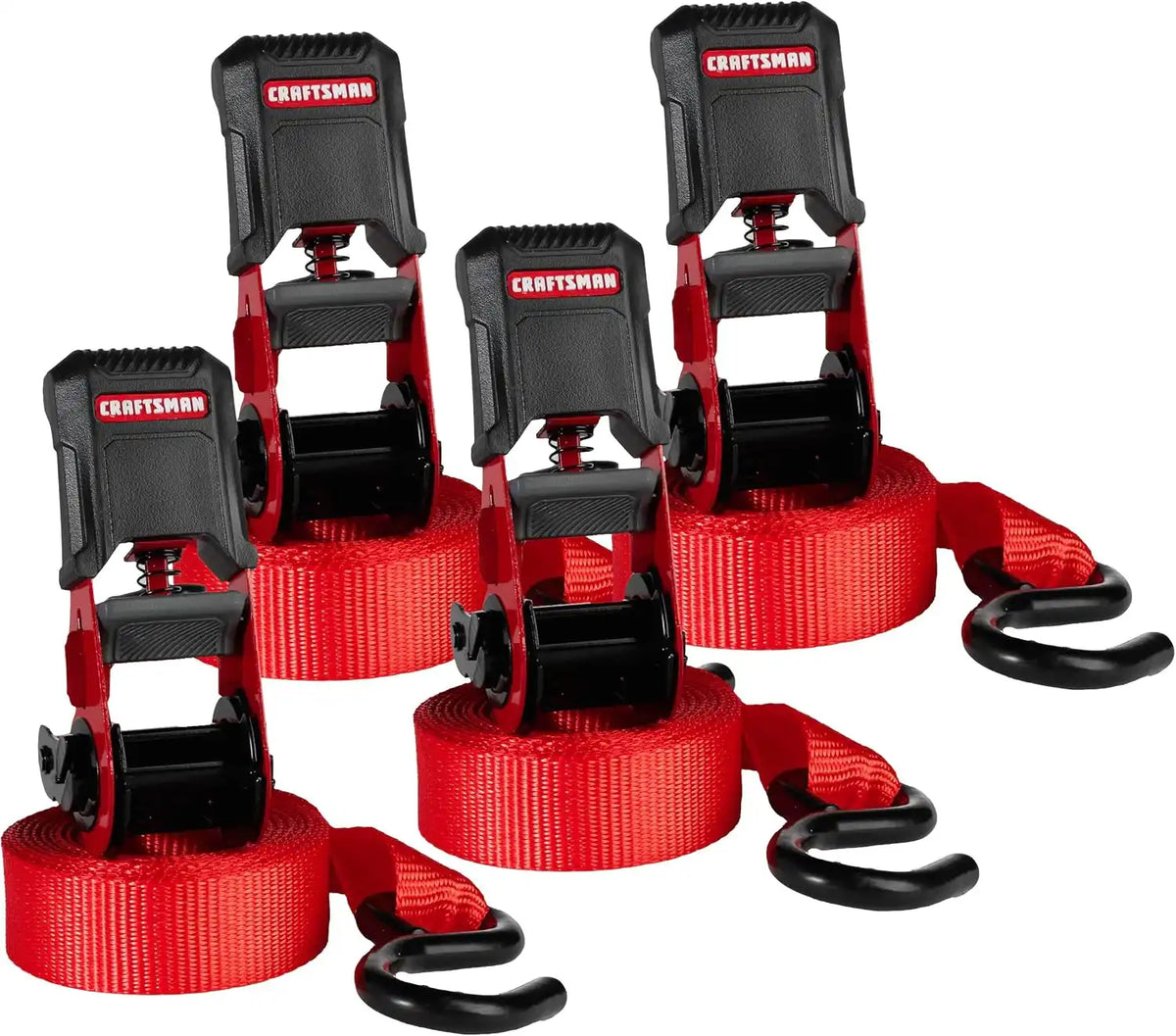 CRAFTSMAN 1" x 12' x 1,500 lbs Ergonomic Light-Duty Ratchet Straps, 4-Pack | 1,500 lbs Break Strength, Weather-Resistant, Padded Ergonomic Grip Handles, Coated S-hooks, Easy to Secure Lightweight Cargo