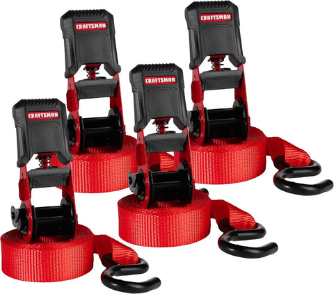 CRAFTSMAN 1" x 12' x 1,500 lbs Ergonomic Light-Duty Ratchet Straps, 4-Pack | 1,500 lbs Break Strength, Weather-Resistant, Padded Ergonomic Grip Handles, Coated S-hooks, Easy to Secure Lightweight Cargo