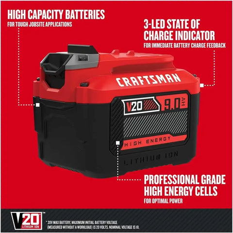 CRAFTSMAN V20 Lithium Ion Battery for Power Tools, 9 Ah, LED Charge Indicator (CMCB209)