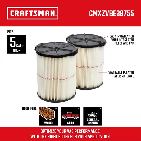 CRAFTSMAN CMXZVBE38755 Genuine 5-20 Gal. General Purpose Wet Dry Vac Filter | Fits Most 5 to 20 Gallon CRAFTSMAN Shop Vacuums, Easy Installation and Traps General Debris, 2-Pack
