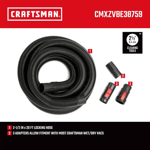 CRAFTSMAN CMXZVBE38759 2-1/2 in. x 20 ft. POS-I-LOCK Wet Dry Vacuum Hose | Industrial-Grade Shop Vacuum Hose Attachment Kit, Fits Most CRAFTSMAN Wet/Dry Vacuums with a 2-1/2 in. Diameter Inlet