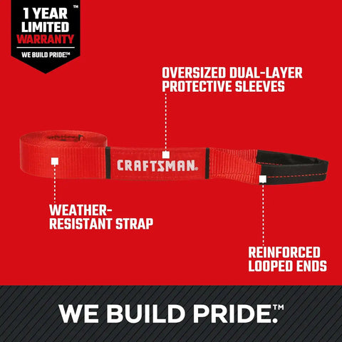 CRAFTSMAN 2" x 20' Tow Recovery Strap with Loop Ends | 9,000 lbs Break Strength, Weather-Resistant Strap, Reinforced Looped Ends, Emergency Flat Terrain Tow and Recovery Solution