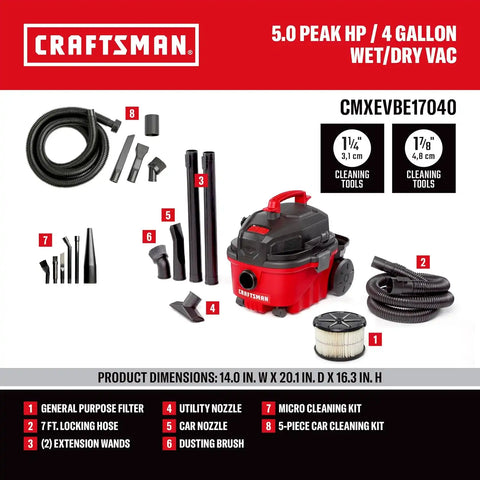 CRAFTSMAN CMXEVBE17040 4 Gallon 5.0 Peak HP Wet Dry Shop Vacuum Bundle