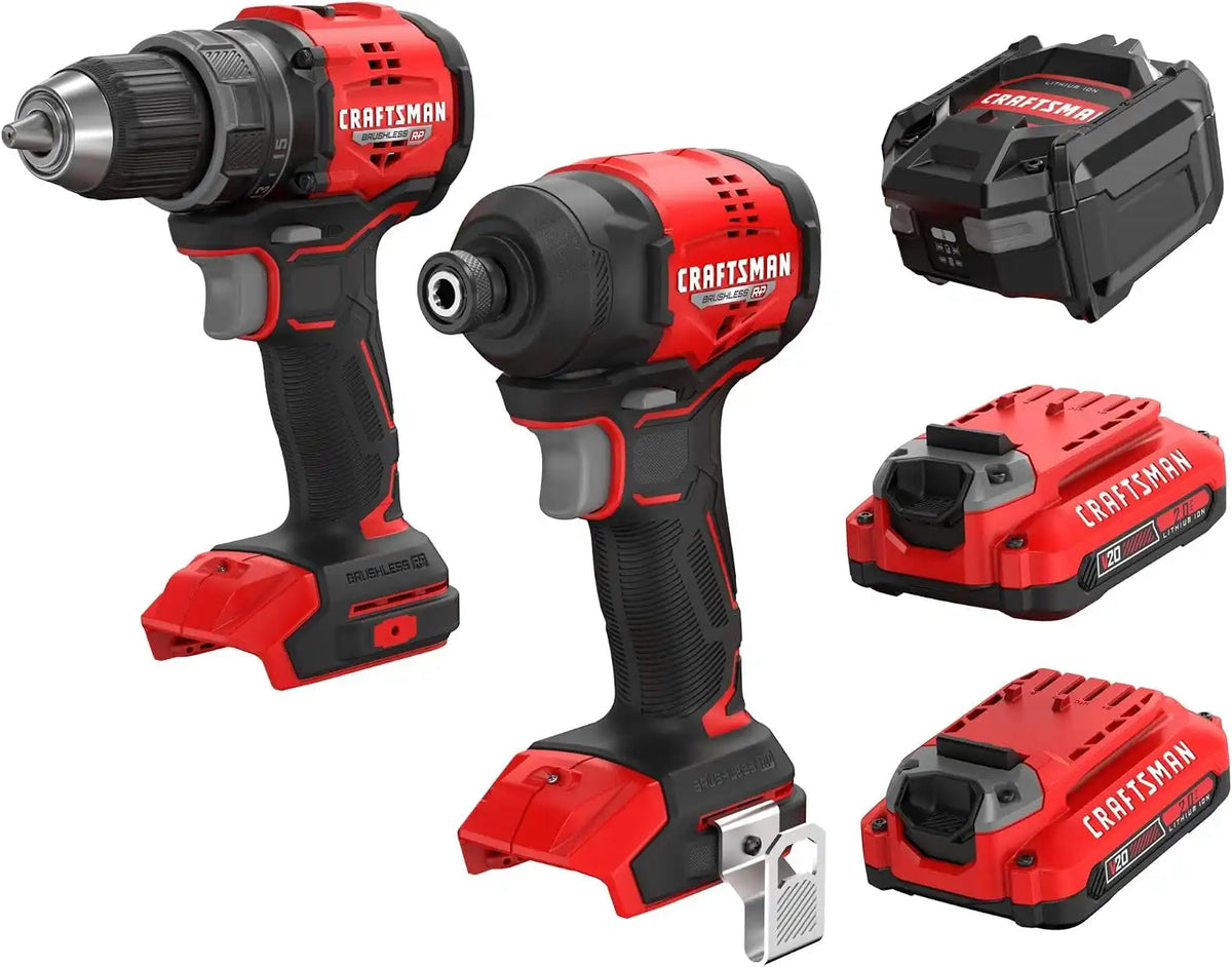 CRAFTSMAN V20 Brushless RP Drill Driver and Impact Driver Compact 2 Tool Combo Kit With 2 x 2ah Battery and Charger, 1900 RPM Power Drill, 2100 Torque Cordless Impact (CMCK1411D2)