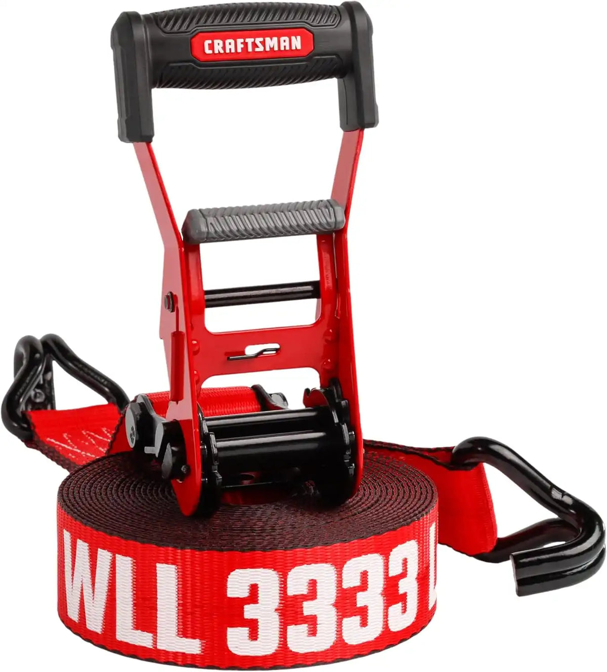 CRAFTSMAN 2" x 27' x 10,000 lbs Ratchet Strap with Double J-Hooks, 1‑Pack | 10,000 lbs Break Strength, Wide‑Grip Ergonomic Handle, WSTDA Weather‑Resistant Straps, Double J-Hooks for Industrial Cargo