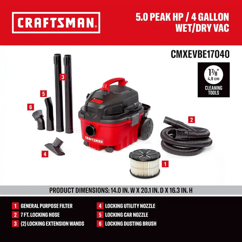 CRAFTSMAN CMXEVBE17040 4 Gallon 5.0 Peak HP Wet Dry Shop Vacuum