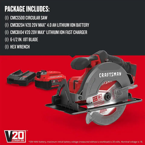 CRAFTSMAN V20 Cordless Circular Saw Kit, 6-1/2 inch, Battery and Charger Included (CMCS500M1)