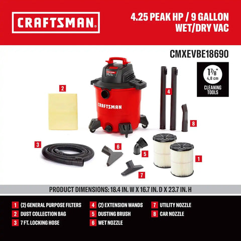 CRAFTSMAN CMXEVBE18690 9 Gallon 4.25 Peak HP Wet Dry Vac, Portable Shop Vacuum Wet and Dry with 2 Filters, Dust Bag, Dusting Brush, Hose and Attachments for Home, Garage and Automotive Cleaning