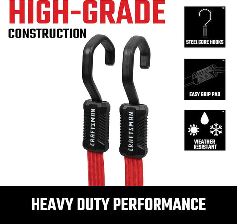 CRAFTSMAN 48" Flat Bungees with Self Centering X-Large Hooks, 32 Pack | XL Non Scratch Steel-Core Hooks, Textured Grip Pad, Easily Stretch and Secure Lightweight Gear, Trunk Cargo & Everyday Hauls