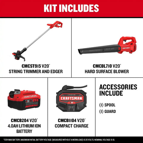 CRAFTSMAN V20 Cordless String Trimmer/Edger and Leaf Blower Combo with 4.0 Ah Battery and Charger, Wide Cut Weedwacker, 90 MPH Blower, Lightweight (CMCK279M1)