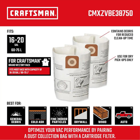 CRAFTSMAN CMXZVBE38750 Genuine 16-20 Gal. Wet Dry Vac Dust Collection Bags | For Fine Dust, Fits Most 16 and 20 Gallon CRAFTSMAN Shop Vacuums, Collects Dry Fine Debris, Reduces Cleanup Time, 2-Pack