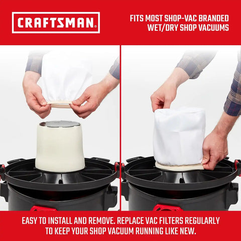 CRAFTSMAN CMXZVBE38770 Cloth Filter Bag Wet Dry Shop Vacuum Filter | Washable and Reusable Super Performance Filter for Most Shop-Vac Branded Shop Vacuums