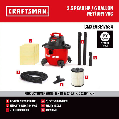 CRAFTSMAN CMXEVBE17584 6 Gallon 3.5 Peak HP Wet Dry Shop Vacuum Bundle