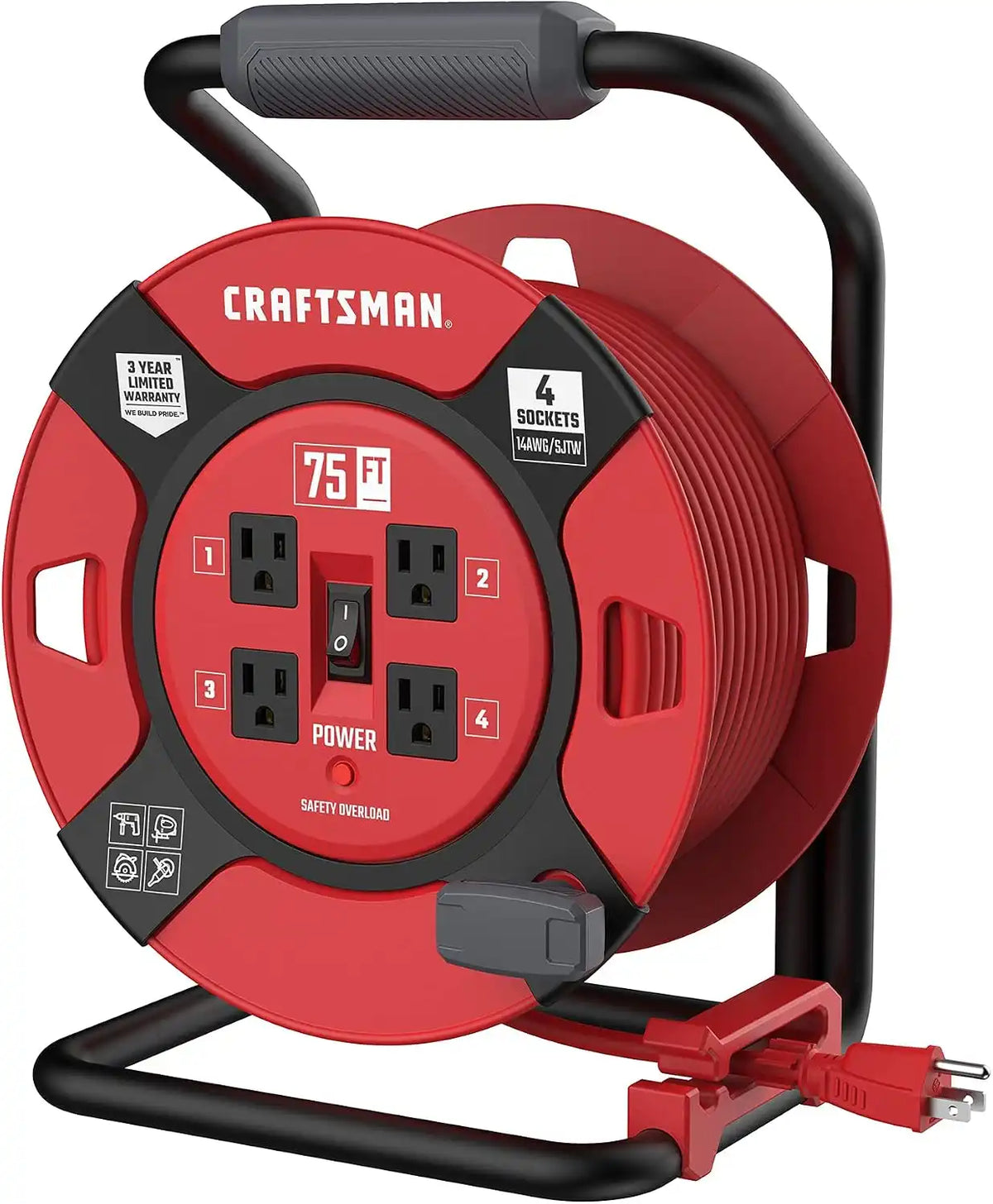 CRAFTSMAN Heavy Duty Retractable Extension Cord, 75 feet with 4 Outlets - 14AWG SJTW Cable - Outdoor Power Cord Reel | 14 AWG SJTW cable, outdoor rated, ideal for garage or job site power needs