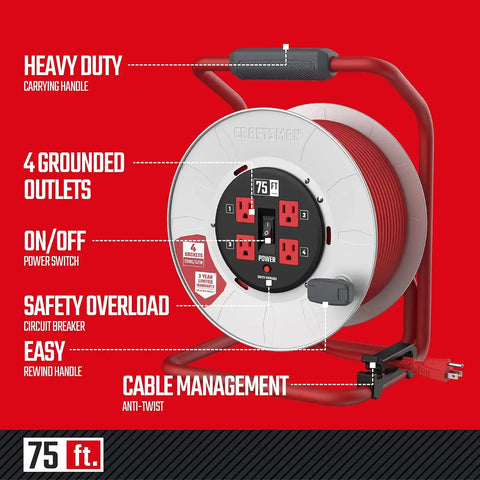 CRAFTSMAN 75 Ft. Contractor Retractable Cord Reel, 4 Grounded Outlets | 12 AWG SJTW cable, steel drum, CSA certified, ideal for job sites