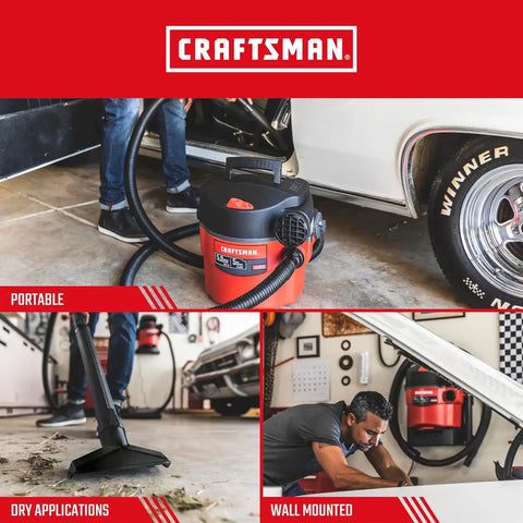 CRAFTSMAN CMXEVBE17925 5 Gallon 5.0 Peak HP Wet Dry Vac, Portable and Wall-Mountable Shop Vacuum with 2 Filters, 2 Hoses and Attachments for Garage and Automotive Cleaning