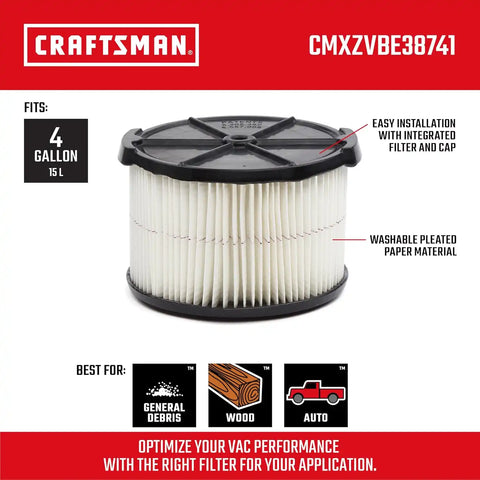 CRAFTSMAN CMXZVBE38741 Genuine 4 Gal. General Purpose Wet Dry Vac Filter | Fits Most 4 Gallon CRAFTSMAN Shop Vacuums, Easy Installation and Traps General Debris