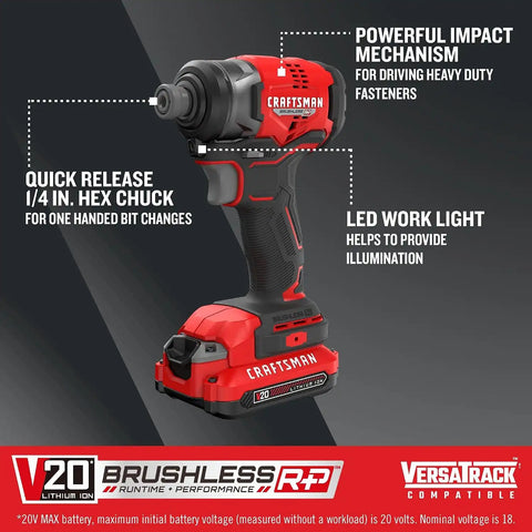 CRAFTSMAN V20 Cordless Impact Driver, 1/4 inch, Battery and Charger Included (CMCF813C2)