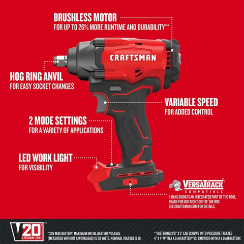 CRAFTSMAN V20 Cordless Impact Wrench, 1/2 inch, Bare Tool Only (CMCF920B)