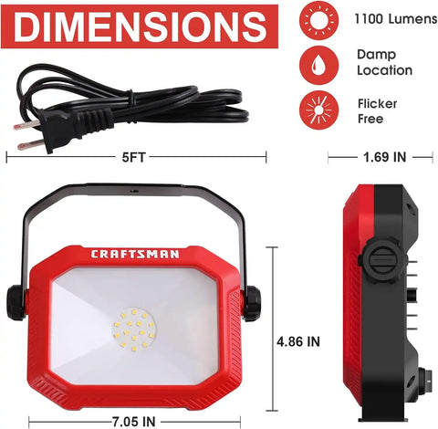 CRAFTSMAN 1100 Lumens 4000K LED Tiltable Portable Work Light in Red with 2-in-1 Adjustable Metal Rotating Stand and Handle, Impact-Resistant Glass Lens, 5FT Power Cord, ETL, Perfect for Job Site