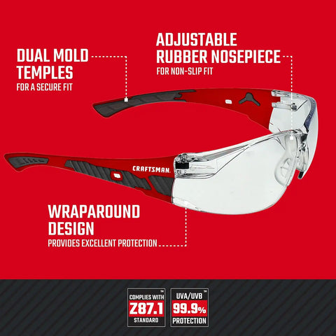 Craftsman 200, Safety Glass, Comfort Fit - Clear, Red Frame