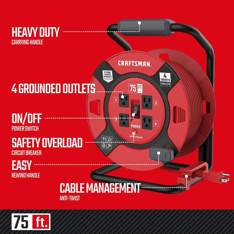 CRAFTSMAN Heavy Duty Retractable Extension Cord, 75 feet with 4 Outlets - 14AWG SJTW Cable - Outdoor Power Cord Reel | 14 AWG SJTW cable, outdoor rated, ideal for garage or job site power needs