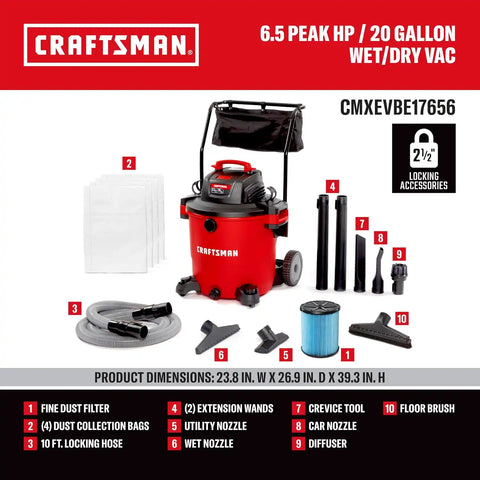 CRAFTSMAN CMXEVBE17656 20 Gallon 6.5 Peak HP Wet Dry Vac with Cart Bundle