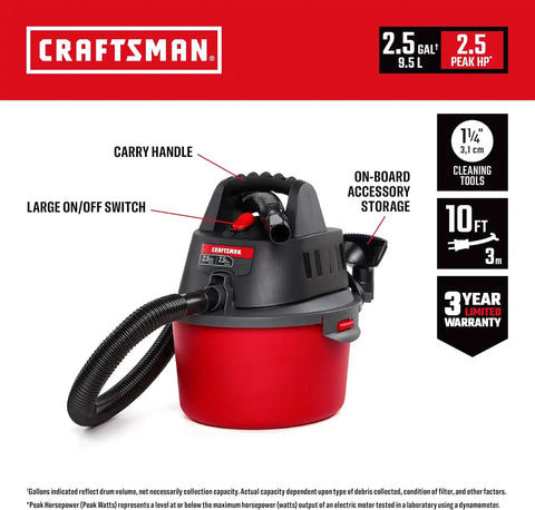 CRAFTSMAN CMXEVBE17250 2.5 Gallon 2.5 Peak HP Wet Dry Shop Vacuum Bundle | Portable Wet and Dry Vac with 4 Filter Bags, Retaining Band, Hose and Attachments for Cleaning in the Home