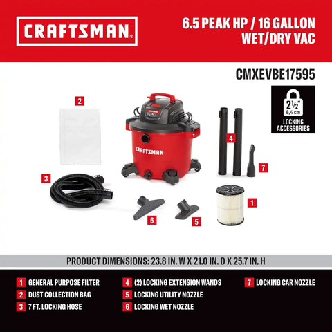 CRAFTSMAN CMXEVBE17595 16 Gallon 6.5 Peak HP Wet Dry Shop Vacuum | Heavy-Duty Wet and Dry Vac with Filter, Dust Bag, Hose and Attachments for Home Projects & Renovations