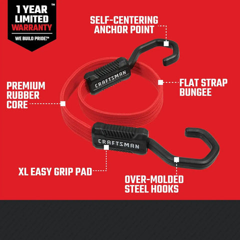 CRAFTSMAN 24" Flat Bungees with Self Centering X-Large Hooks, 32 Pack | XL Non Scratch Steel-Core Hooks, Textured Grip Pad, Easily Stretch and Secure Lightweight Gear, Trunk Cargo & Everyday Hauls