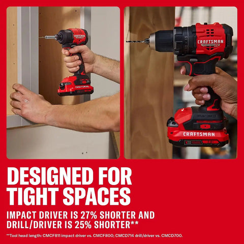 CRAFTSMAN V20 Brushless RP Drill Driver and Impact Driver Compact 2 Tool Combo Kit With 2 x 2ah Battery and Charger, 1900 RPM Power Drill, 2100 Torque Cordless Impact (CMCK1411D2)