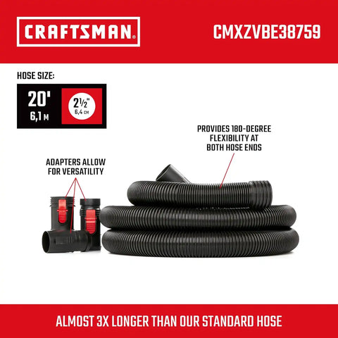 CRAFTSMAN CMXZVBE38759 2-1/2 in. x 20 ft. POS-I-LOCK Wet Dry Vacuum Hose | Industrial-Grade Shop Vacuum Hose Attachment Kit, Fits Most CRAFTSMAN Wet/Dry Vacuums with a 2-1/2 in. Diameter Inlet