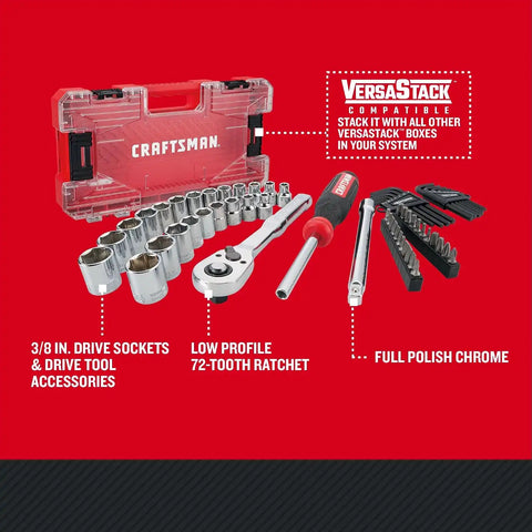 CRAFTSMAN VERSASTACK 63 Piece Mechanics Tool Set with Hard Case, 3/8 Inch Drive (CMMT45163)