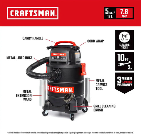 CRAFTSMAN CMXEVBE17050 5 Gallon 7.8 Amp Ash and Grilling Vacuum | Portable Dry Only Shop Vacuum with Drum Filter, Cartridge Filter, Hose and Attachments for Cool/Dry Ash Cleaning