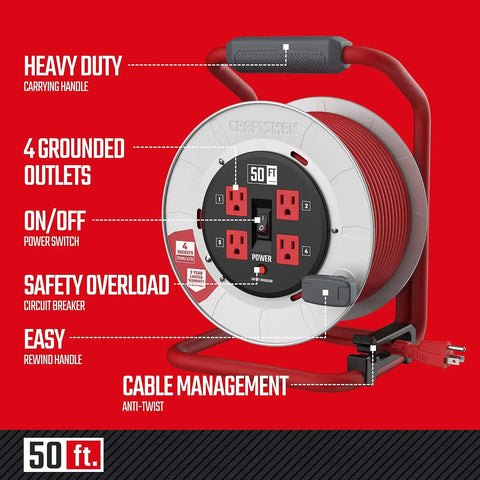 CRAFTSMAN 50 Ft. Contractor Edition Retractable Cord Reel, 4 Outlets | 12 AWG SJTW cable, heavy-duty build, ideal for job sites and workshops