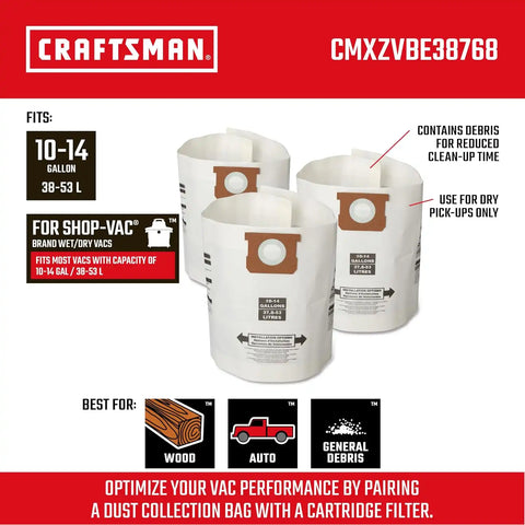CRAFTSMAN CMXZVBE38768 10-14 Gal. Wet Dry Shop Vacuum Dust Collection Bags | For General Debris, Fits Most 10 to 14 Gallon Shop Vacuums, Collects Dry Only Debris, Reduces Cleanup Time, 3-Pack