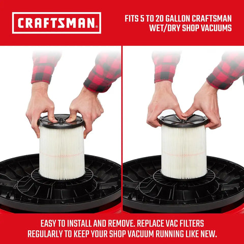 CRAFTSMAN CMXZVBE38754 Genuine 5-20 Gal. General Purpose Wet Dry Vac Filter | Fits Most 5 to 20 Gallon CRAFTSMAN Shop Vacuums, Easy Installation and Traps General Debris