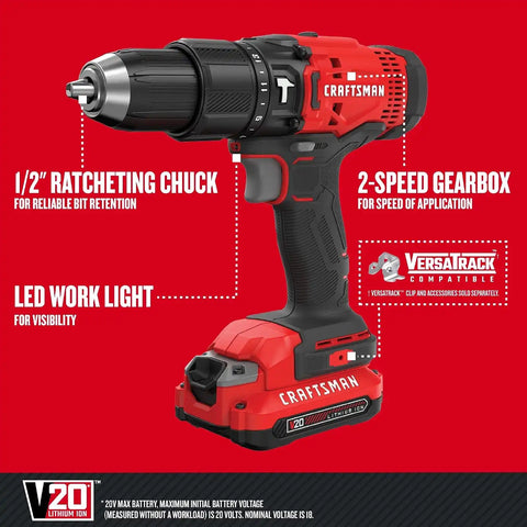 CRAFTSMAN V20 Cordless Hammer Drill, 1/2 inch, Battery & Charger Included (CMCD711D1)