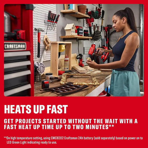 CRAFTSMAN V20 Hot Glue Gun Full Size, Cordless Glue Gun and Sticks Set with LED Light, Interchangeable Nozzles and Wrench, Retractable Dip Tray, Fast Preheat, Long Runtime, Tool Only (CMGL200B)