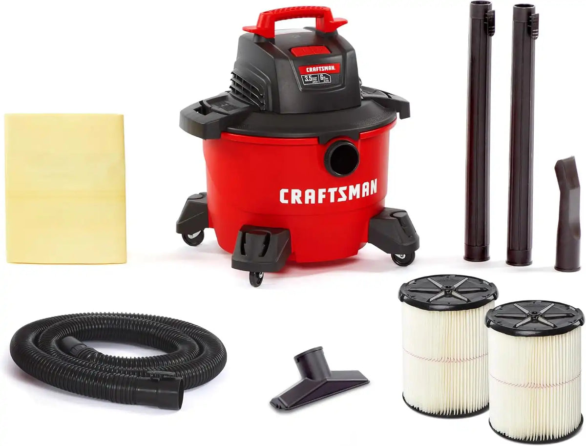 CRAFTSMAN CMXEVBE17584 6 Gallon 3.5 Peak HP Wet Dry Vac, Portable Shop Vacuum Wet and Dry with 2 Filters, Dust Bag, Hose and Attachments for Home, Garage and Automotive Cleaning