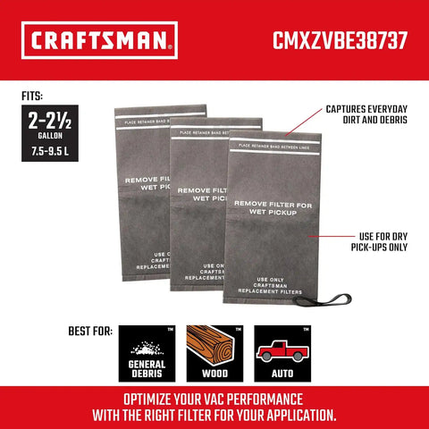 CRAFTSMAN CMXZVBE38737 Genuine 2.5 Gal. Wet Dry Vac Filter Bags with Band | For General Debris, Fits Most CRAFTSMAN 2 to 2.5 Gallon Shop Vacuums and Powerhead Bucket Vac, 3-Pack