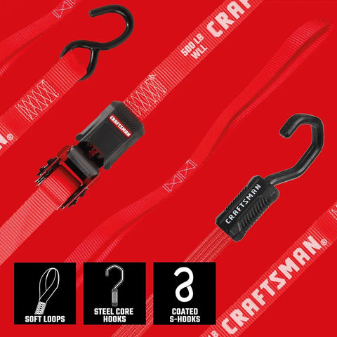 CRAFTSMAN 10-PC Ratchet Strap Kit with Soft Loops, Bungees and Storage Bag | 1,500 lbs Break Strength Ratchet Straps, 36" Premium Flat Bungees, 18" Soft Loops, Storage Bag, Hauling and Cargo Management